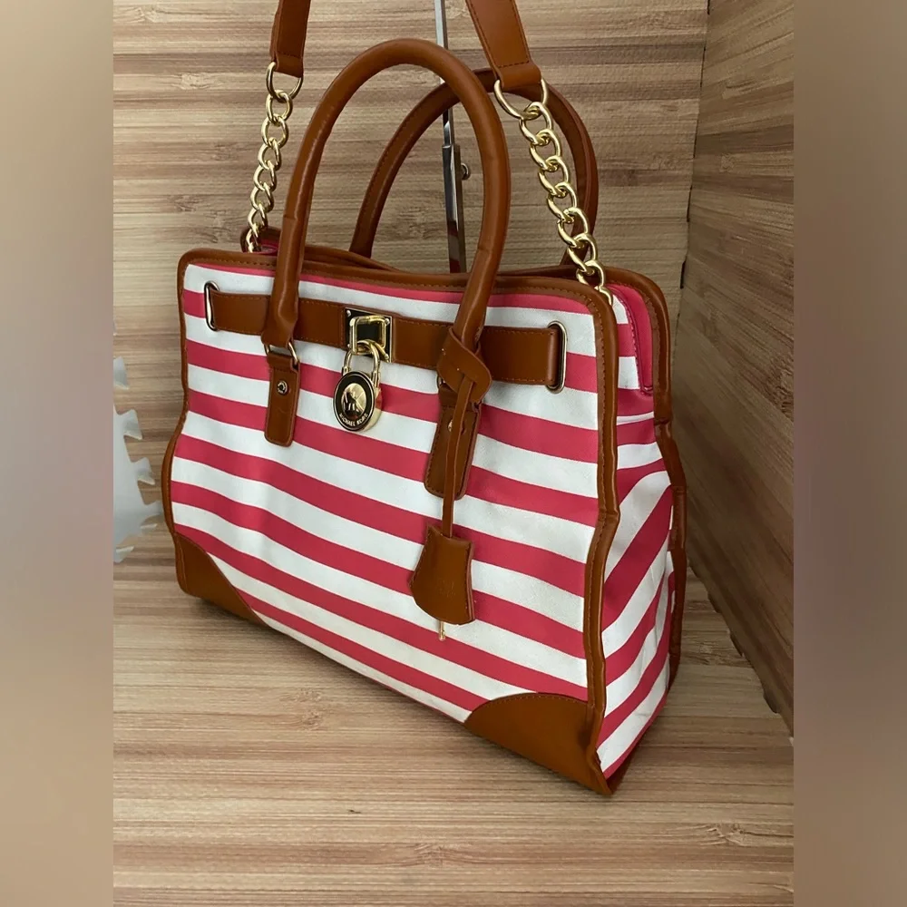 Michael Kors Hamilton Red/White Striped Canvas Leather Large Tote Purs